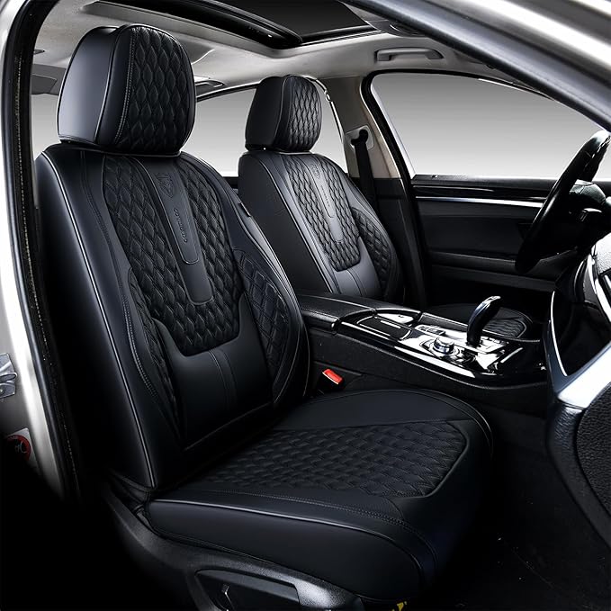 Coverado Front Seat Covers, Car Seat Covers Front Seats, Nappa Leather Seat Covers for Cars, Waterproof Seat Covers with Lumbar Support Universal Fit for Most Cars SUV Trucks (Front, Black)