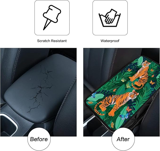 Car Armrest Cover Pads Universal Fashion Cute Auto Center Console Armrest Cover Pad with 2PCS Car Coasters Soft Waterproof Car Armrest Seat Protector for Women, Two Tiger Butterfly