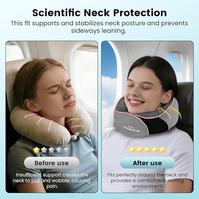 Teemour Travel Neck Pillow Airplane- Upgraded Memory Foam Neck Pillow for Airplanes 360° Support Desing, with Eye Mask & Earplugs, Portable Carry Bag for Long Flights, Business Trip|Travel Essentials