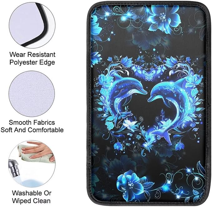 Heart Dolphin Car Armrest Cover Pad for Women Girls Non Slip Decorative Center Console Cushion Dustproof Car Armrest Box Protector Cover Breathable Softs