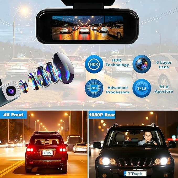 Dash Cam Front and Rear, 4K+1080P Dash Camera for Cars, 7Track Dual Car Camera with WiFi/APP Control, 64GB Card, 3.19" IPS Screen, WiFi, HDR, Night Vision, Parking Mode, Loop Recording
