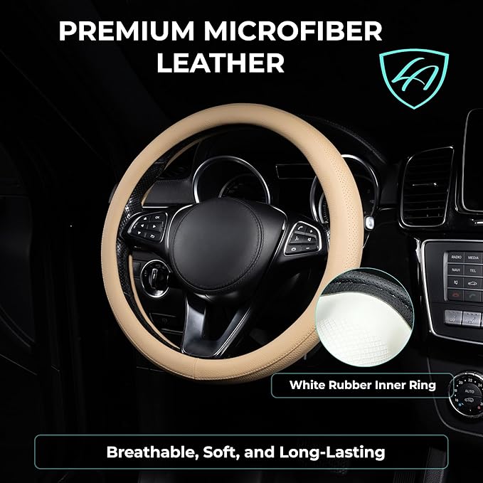 Lord Autofashion Steering Wheel Cover – PU Leather, Non-Slip Rubber Inner, All-Season Comfort – 14.5–15 Inch (Beige 8397)