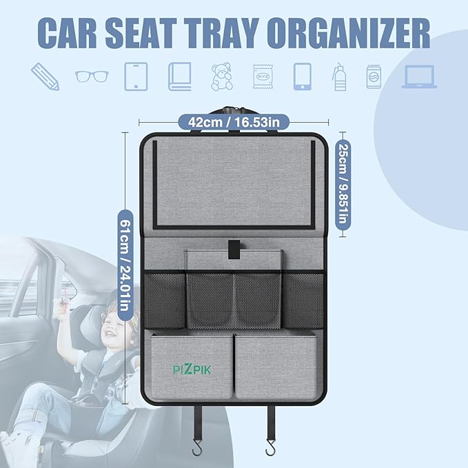 Plzpik Car Backseat Organizer with Tablet Holder,11 Storage Pockets with Foldable Food Tray, Protector Kick Mats for Kids, Travel Accessories Organizer (Gray, 2Pack with Food Tray)