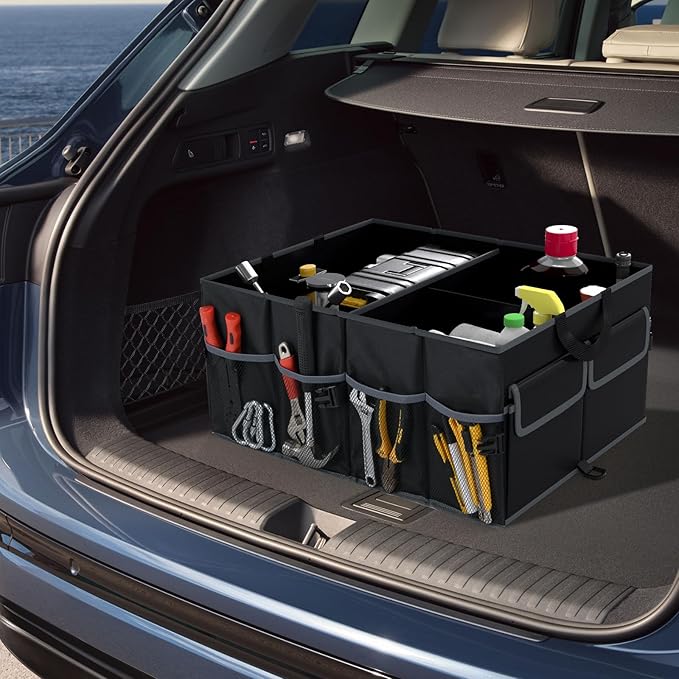 Car Trunk Organizer, 13 Gallon Collapsible Cargo Storage Box with Removable Divider & 6 Pockets, 3-Compatment Trunk Container with Securing Straps & Non-Slip Bottom for SUV, Sedan