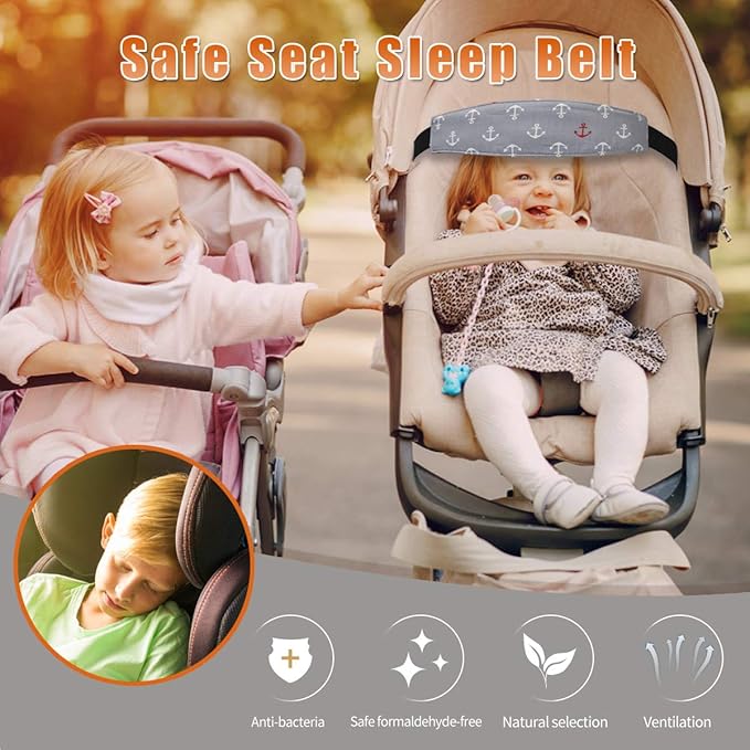 Carseat Head Support,Car seat Straps Pillow Support Ban,Stroller Neck Relief Strap Headrest,Slumber Sling Sleep Positioner (Gery Clouds+Anchor)