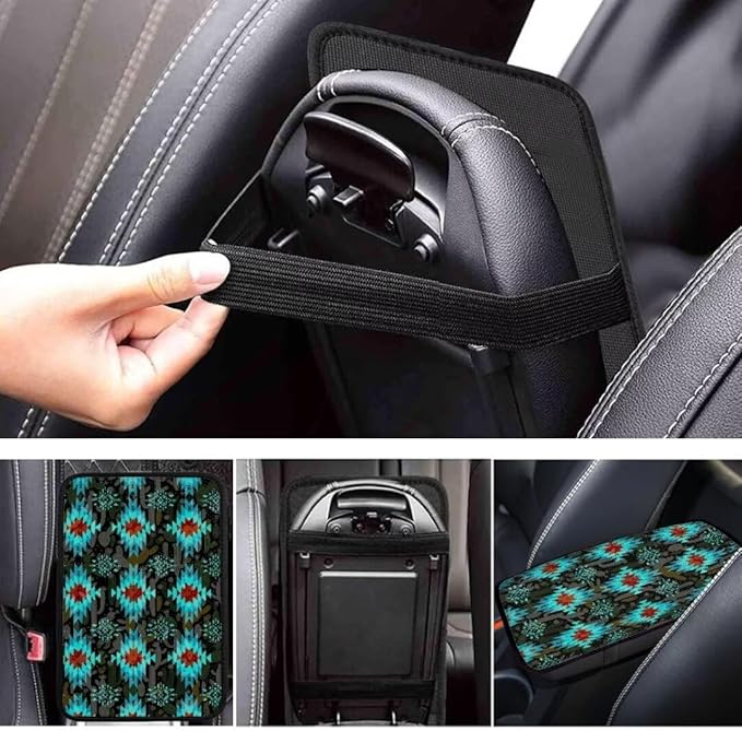 Coldinair Native Aztec Car Armrest Cover,Car Center Console Pad,Soft Seat Box Cover Protector Cushion,Car Accessories Decor for Most Cars,Sedan,Truck,SUV,Aqua