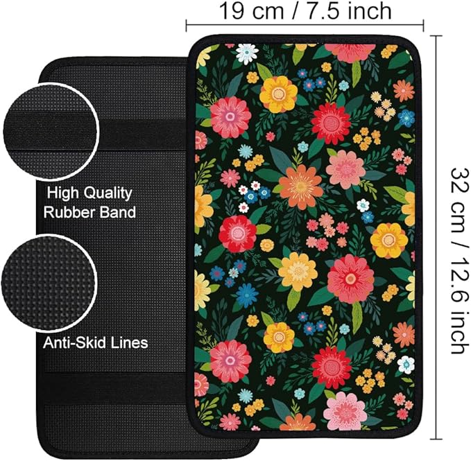 1pc Center Console Armrest Cover Pad 12.6x7.5 inch Flower Neoprene Car Armrest Cushion Waterproof Armrests Seat Box Cover Protector for Universal Cars Vehicles SUVs