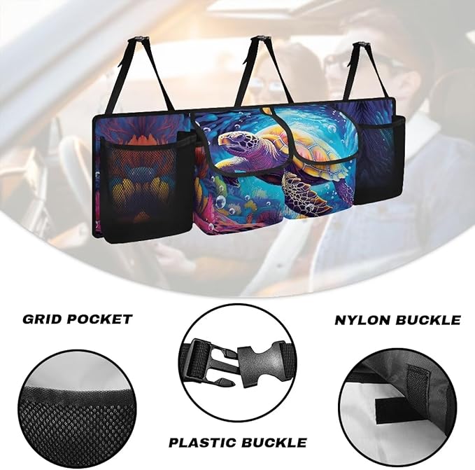 Turtle Trunk Hanging Storage Bag Underwater World Back of Seat Car Organizer Multipurpose Cargo Accessory with 3 Adjustable Buckles