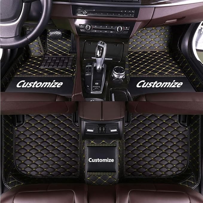 Custom Car Floor Mat Compatible with 97% Car Models Luxury Leather All Weather Waterproof Anti-Skid Full Coverage Car Mats (Black Yellow)