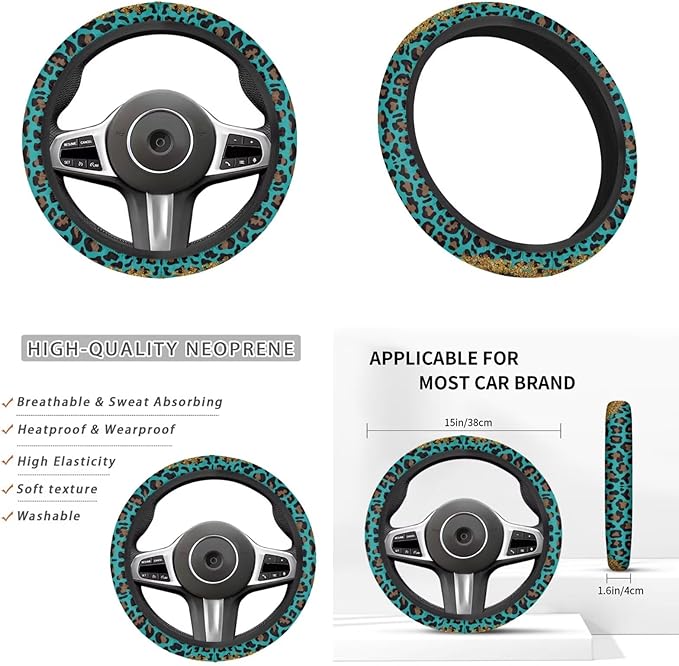 Sunflower Print Car Steering Wheel Cover Set for Men Women Leopard Print Auto Accessories 6 Pcs Sets Car Armrest Cover Handbrake Cover Suit for Most Cars Truck Vans SUV