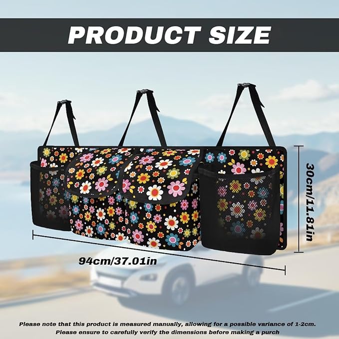Colorful Hippie Flower Car Trunk Organizer and Storage, Large Capacity Backseat Hanging Storage with 4 Bag Car Accessories, Backseat Car Organizer Universal for Cars, Truck
