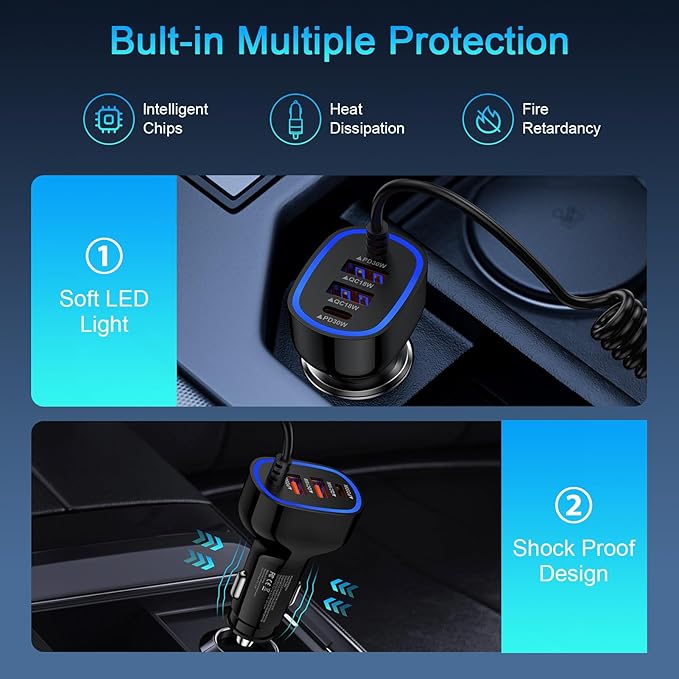 USB C Car Charger 60W Super Fast Car Phone Charger Adapter with 3ft 30W Type-C Coiled Cable for Samsung Galaxy S25 Edge/S25 Ultra/S24/S23/S22/S21/A16/A17/iPhone 17/16e/16 Pro/Pixel 10/9/8