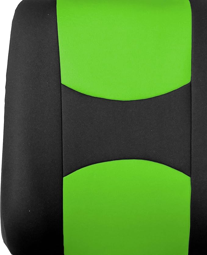 FH Group Car Seat Covers Flat Cloth Automotive Green Full Set, Rear Solid Bench Universal Fit Combo Steering Wheel Cover & Seat Belt Pads Car Seat Protector for Cars Trucks SUV Interior Accessories