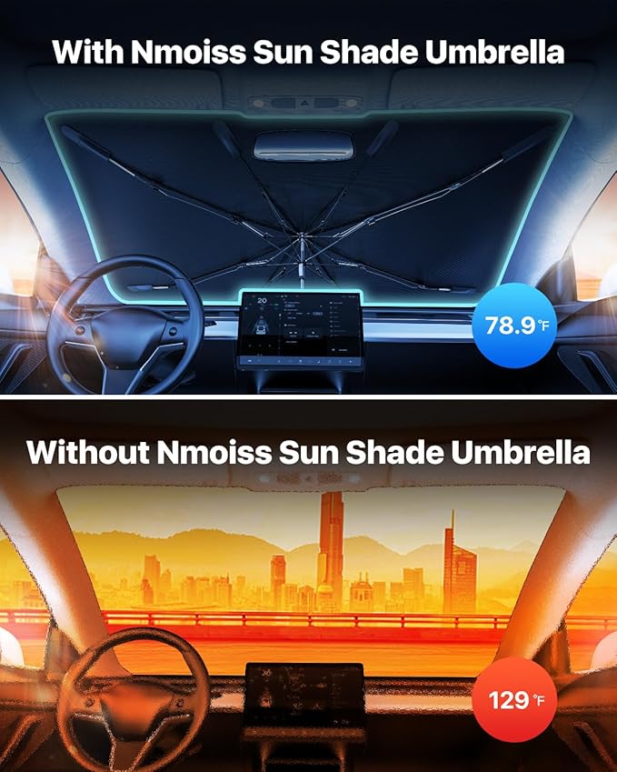 Windshield Sun Shade Umbrella – Custom-Fit for Model 3 (2017–2025), Vinyl Coating Heat Shield, 99% UV Blocking, Protects Touchscreen & Interior, Ice Crystal Cooling Material