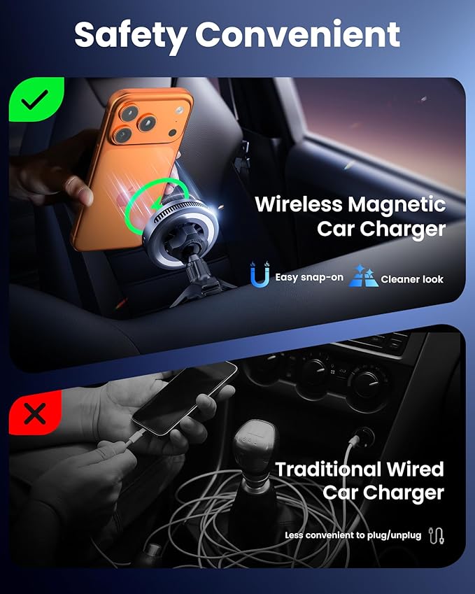 avedio links Qi2.2 25W Wireless Car Charger Magnetic Phone Holder Mount for Magsafe with Cooler for Air Vent, Wireless Fast Charger 25W for iPhone 16-17 Series with iOS 26,15W for iPhone 12-15 (Grey)
