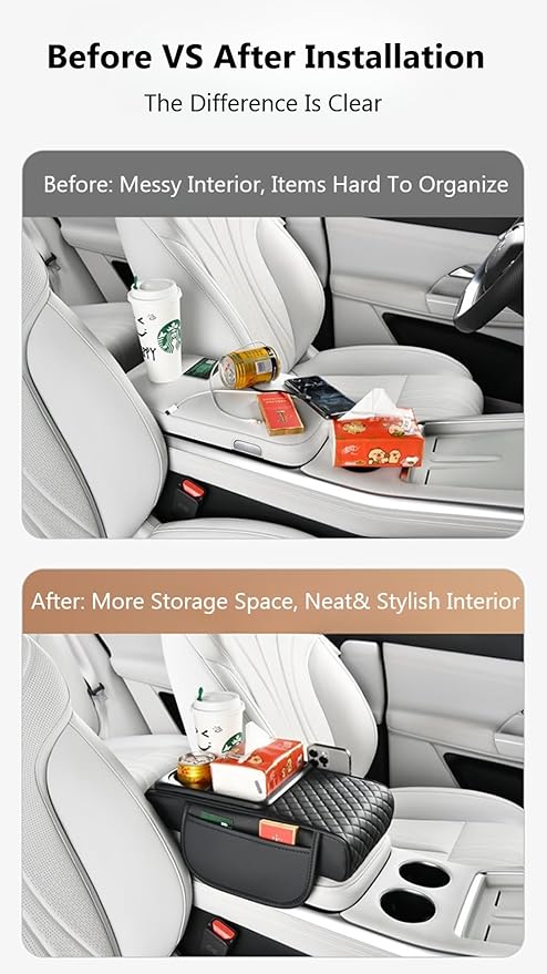 Car Armrest Pad with Built-in Induction Charging, Leather Center Console Cushion with 15W Power Pad, Dual Cup Holders, Storage Pockets - Black-Redline