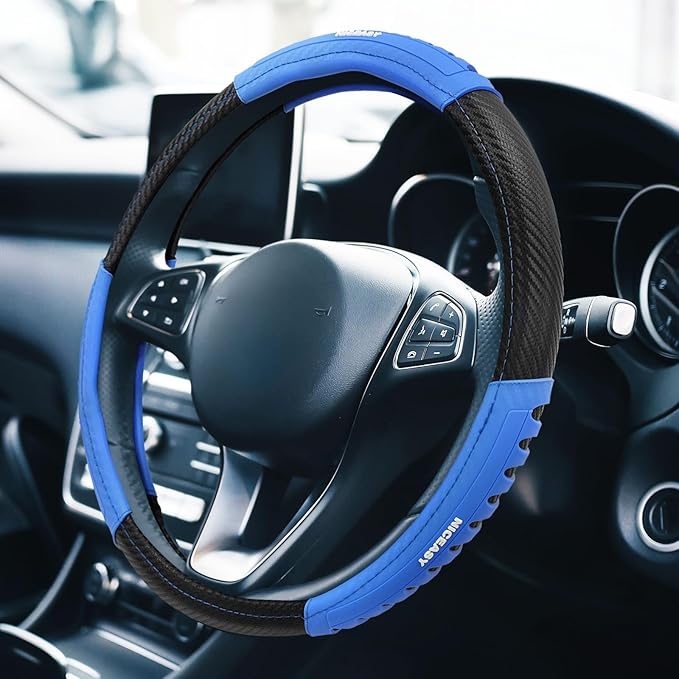 Sport Style Black Carbon-Fiber Steering Wheel Cover with Blue Strip Grip Steering Wheel Accessory,Universal Fit 14.5-15.25 inch Steering Wheel