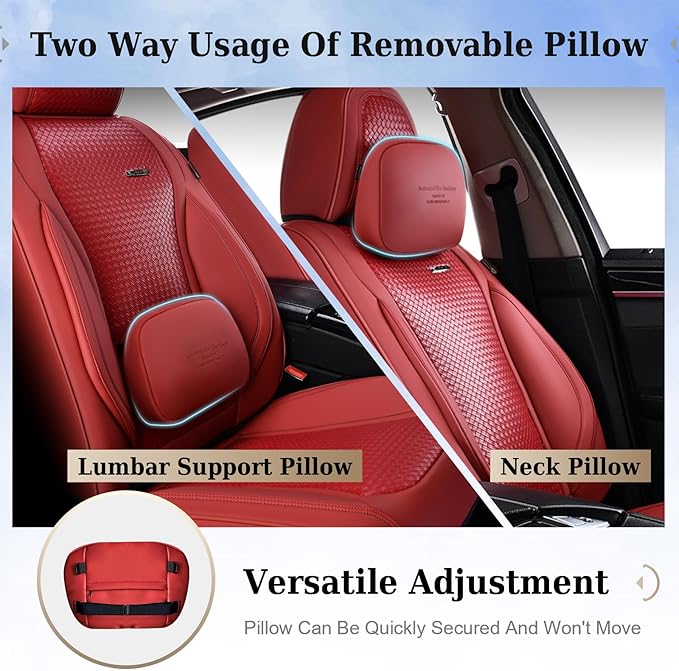 Coverado Car Seat Covers Full Set, Red Seat Covers for Cars, Waterproof Nappa Leather Automotive Seat Covers with Lumbar Head Pillow, Car Seat Protectors, Universal Fit for Most Cars SUV