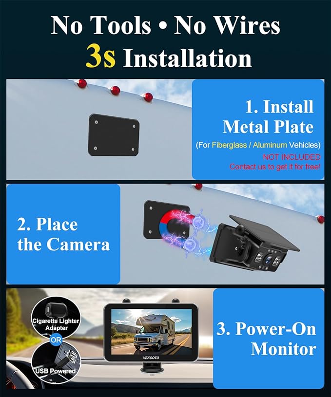 VEKOOTO VK7Pro Magnetic Solar Wireless Backup Camera, 7'' IPS Touchscreen Monitor HD1080P No Wiring 15,800mAh Rechargeable Camera System for Hitching Gooseneck Horse Trailer RV Camper Car Truck