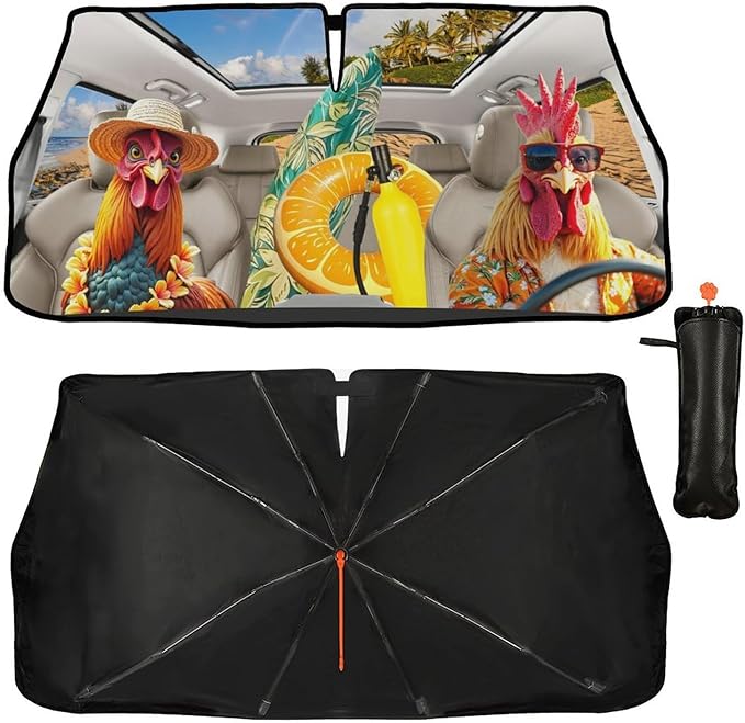 CHILL·TEK Funny Animal Car Windshield Sun Shade Umbrella, Funny Rooster Car Sun Shade Umbrella, Block UV Rays Heat Foldable Windshield Umbrella Sun Visor Protector - Keep Vehicle Cool for Cars SUV