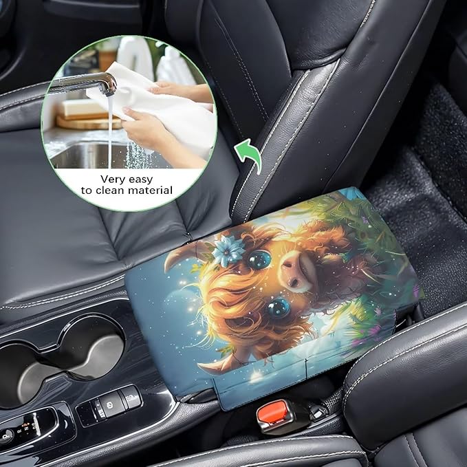 Wanyint Cute Highland Cow Auto Center Console Armrest Cover Arm Rest Seat Box Pad Protector with Side Storage Pocket Middle Console Pad for Car Storage Box Car Interior Accessories