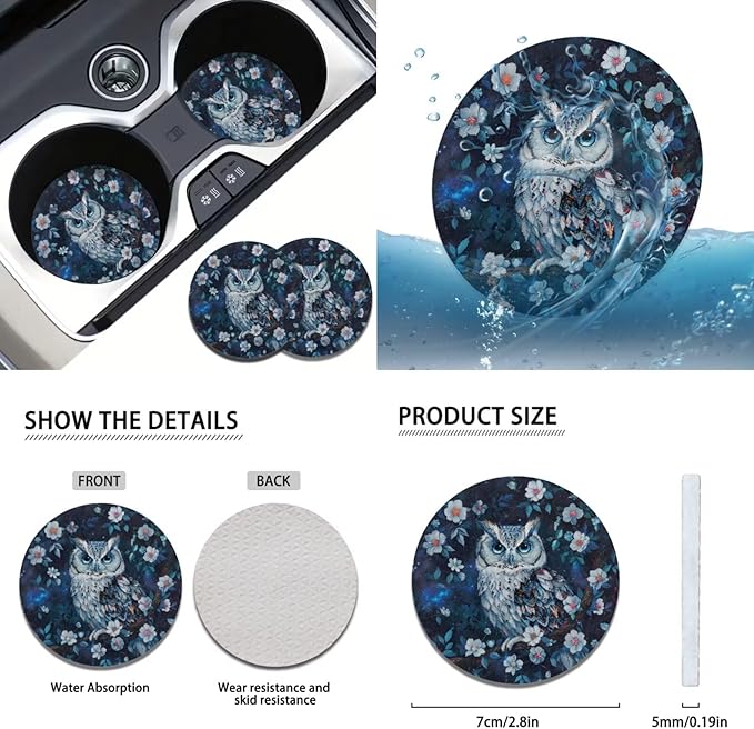 FKELYI Floral Owl Headrest Covers with Steering Wheel Protector for Women Car Seat Cover, Gear Shifter Knob and Handbrake Cover Set, Cup Coasters