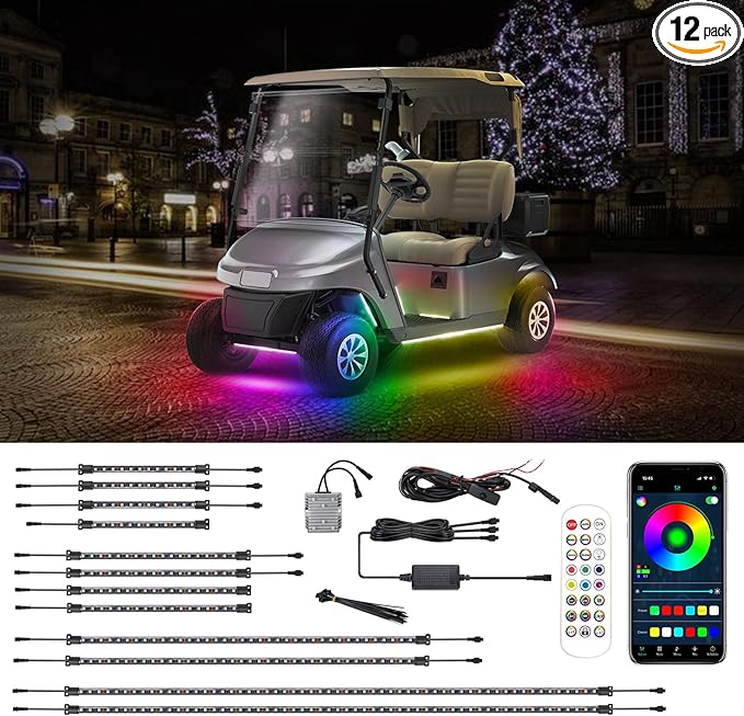 Roykaw Golf Cart LED Strip Lights, Underglow Neon Light Kit Compatible with EZGO/Club Car/Yamaha and Most Brands Golf Carts, Waterproof/LED Decorative Lights/Multi-Dynamic Modes, 12PCS