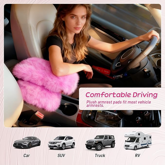 Fluffy Car Armrest Cover with Side Pockets – Plush Fuzzy Fur Center Console Armrest Cushion Pad, Universal Winter Car Interior Protector, Soft Arm Rest Cover with Storage for Women & Men (PINK)