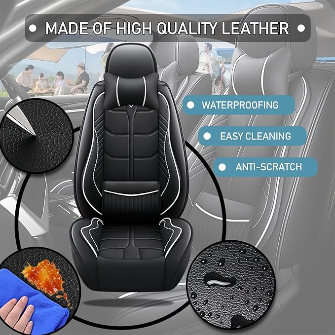 Leather Car Seat Covers Fit for Toyota Prius Prime 2017-2024, 5 Seater Car Seat Cover, Premium Waterproof, Scratch Resistant Car Interior Accessories (Full Set with Pillow Black White)