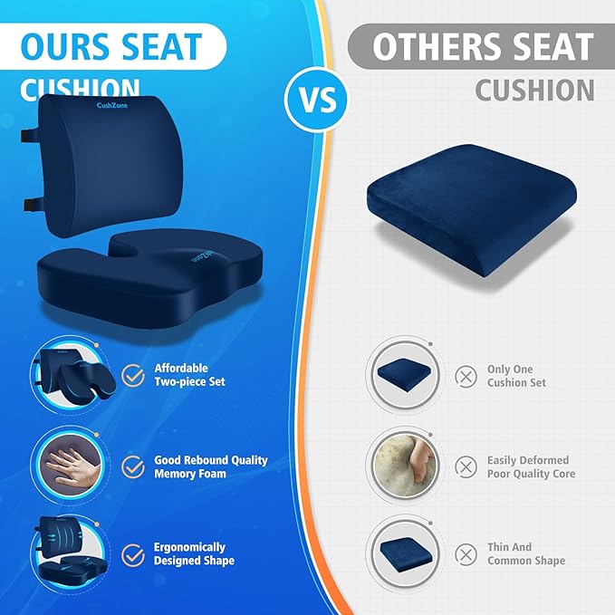 Seat Cushion, Lumbar Support Pillow with Adjustable Strap-Chair Cushions for Sciatica Pain Relief-with Washable Cover Memory Foam for Car, Travel and Wheelchair-Blue X-Large