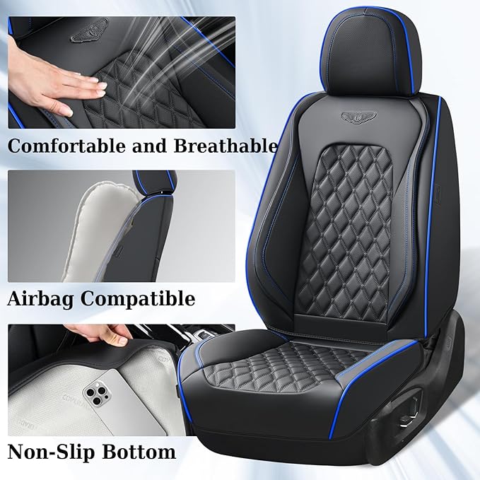Coverado Front Car Seat Covers, Non-Slip Dust-Proof Nappa Leather, Universal Fit for Cars & Pickup Trucks, Waterproof Car Seat Protectors, Black & Blue Design for Sedans & SUVs