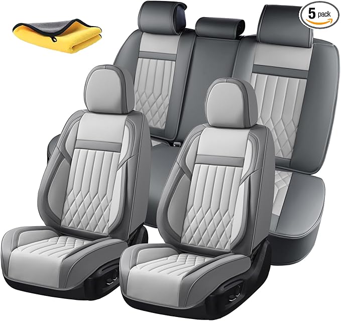 KEYOOG Universal 5-Seater Waterproof Breathable Nappa Leather Car Seat Covers Full Set, Compatible with Toyota Corolla Camry, Lexus LS400, Nissan Rogue, Fit Front Rear Seats Most Sedans SUV- Gray