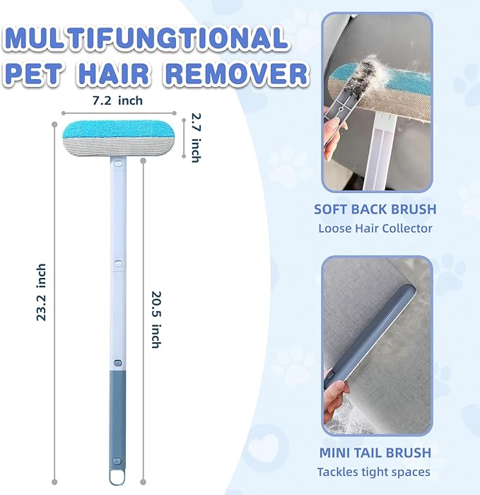 4 in 1 Pet Hair Remover - Washable & Reusable Long-Handle Tool, Gentle Removal for Dog/Cat Hair on Couch, Carpet, Furniture - Also Works for Window & Tile Cleaning (23.2inch)