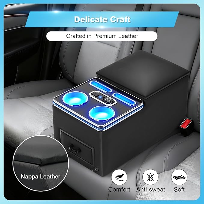 Center Console, Universal Bench Seat Center Console with Fast Phone Charging， Back Seat Car Organizer, Automotive Center Console with Cup Holder & Phone Holder (Black)