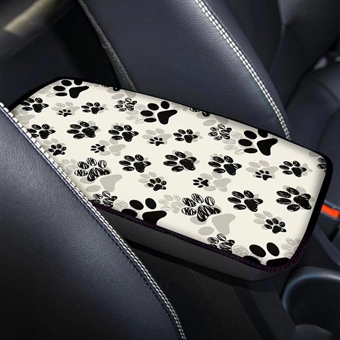 Dreaweet Black Dog Paw Print Car Center Console Cover for Women Cute Car Armrest Cover Center Console Cushion Pad Soft Comfy Arm Rest Cover for Car Truck SUV Van
