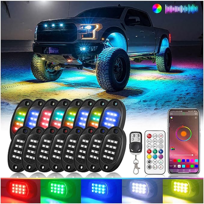 16Pods RGB LED Rock Lights for Semi Trucks Pickup Jeep Golf Cart ATV UTV RZR RV Offroad with APP/RF Remote Control, Dynamic Color Changing Underglow Kits Music Mode 12V Waterproof Chasing Underbody