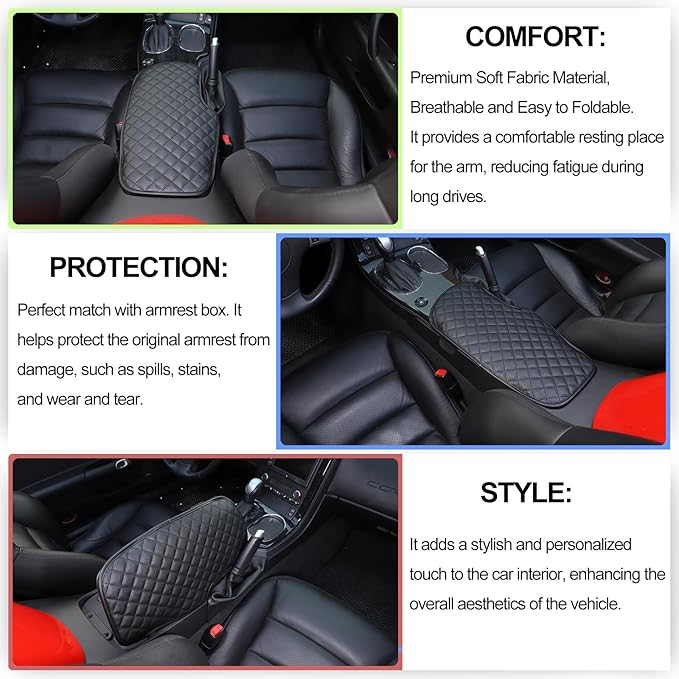 Center Console Armrest Cover for Chevy Corvette C6 2005-2013, Centre Armrest Seat Box Cover, Armrest Arm Rest Pad, Middle Consoles Cushion Protector Mat, Leather (Black)