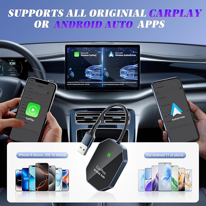 Wireless Carplay Adapter, 2 in 1 Wireless CarPlay & Android Auto Adapter with Dual-Band WiFi and Bluetooth 5.0 Car Play Connector Compatible with iOS 10+ / Android 11+ Instant Connectivity Easy Setup