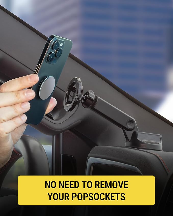 Scosche MagSafe Car Mount, Suction Cup Windshield Phone Mount/Magnetic Cell Phone Holder for Car Dashboard with Extended Arm Compatible with Popsocket, Cellphone Stand Compatible with iPhone, Samsung