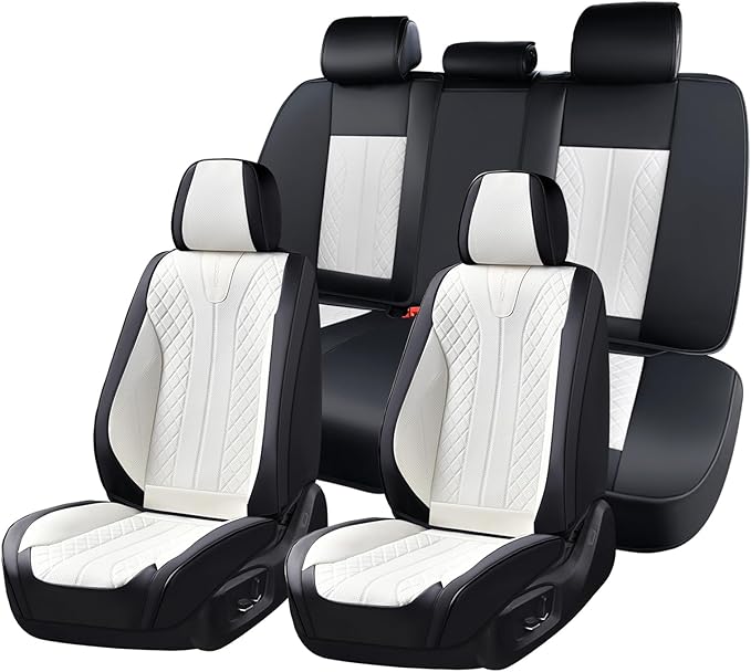 FLORICH Seat Covers Full Set Luxury Faux Leather Front and Rear Car Seat Cover Waterproof Automotive Seat Covers 5 Seats Car Seat Protector Universal Fit for Most Cars SUV Trucks, Black&White
