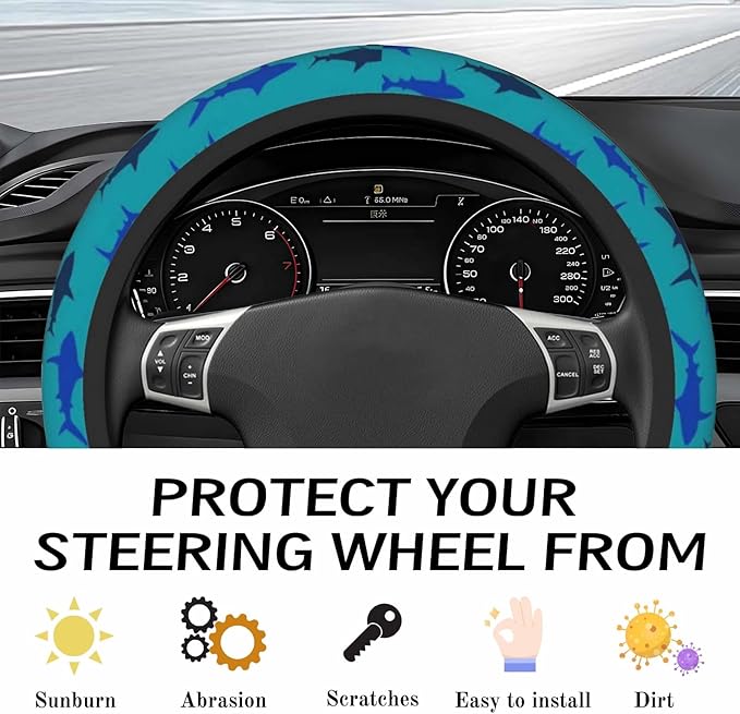 Steering Wheel Cover Accessories Neoprene Cover, Breathable Non-Slip Easy to Install Suitable for Women Men, 14.5-15.5 Inch for Car SUV Van Truck Universal - Cute Shark