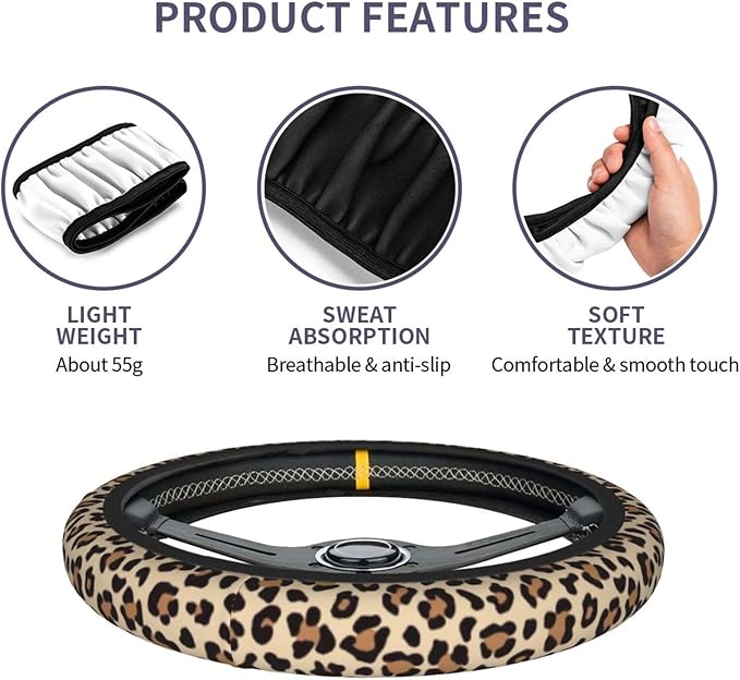 Brown Leopard Print Steering Wheel Cover Cheetah Animal Print Steering Wheel Cover Anti-Slip Breathable Universal 15 Inch Car with 2 Pieces Car Coasters Suitable for Men Women