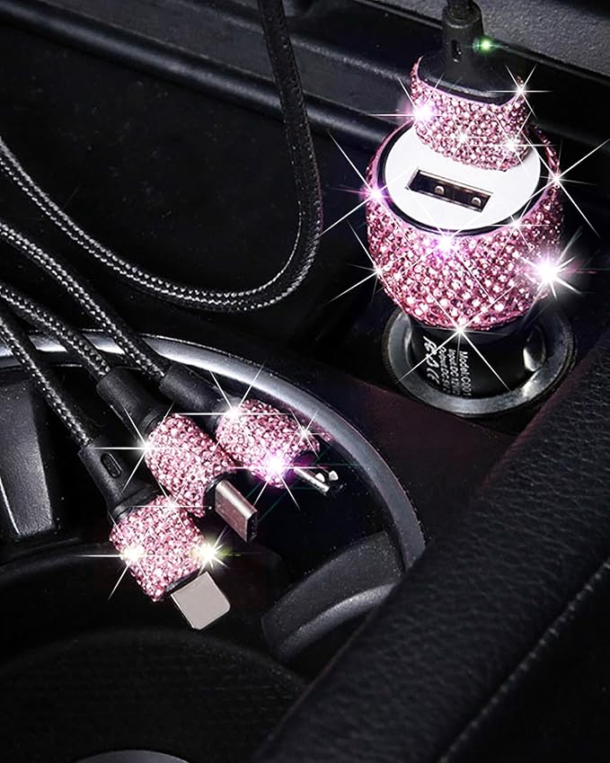 Bling USB Car Charger 5V 2.4A Pink Crystal Decor Dual Port Fast Adapter with 4ft Nylon Type C Micro USB 3 in 1 Multi Charging Cable for iPhone iPad Android, Auto Interior Accessories for Women