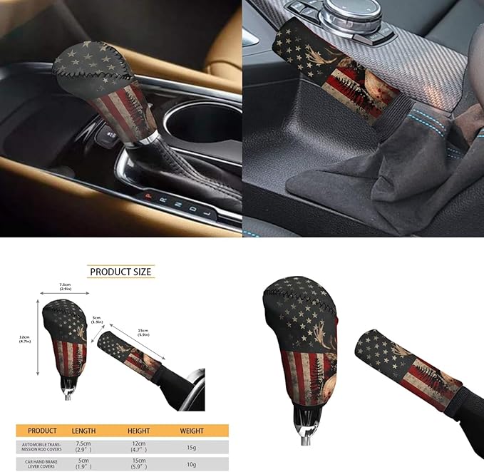 American Flag Vintage Car Steering Wheel Cover Set 6 Pcs Animal Elk Print Cup Holder Armrest Pad Gear Shift Cover,Car Handbrake Covers Auto Accessories for Men