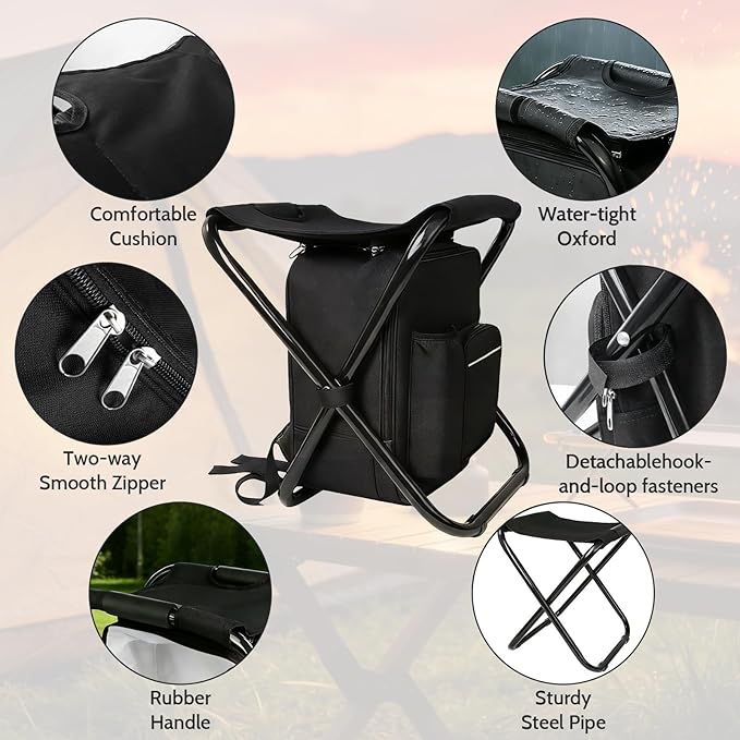 Folding Camping Chair Stool Backpack with Cooler Insulated Picnic Bag, Portable Hunting Fishing Multifunction Chair for Outdoors Hiking Hunting Travel (Black)