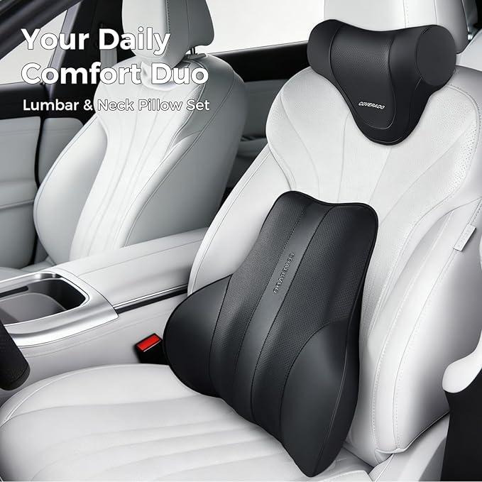 Coverado Lumbar Support Pillow for Car, Ergonomic Memory Foam Back Pillow for Office Chair, New Back Cushion for Pain Relief, PU Leather Car Lumbar Support for Driving Seat Black