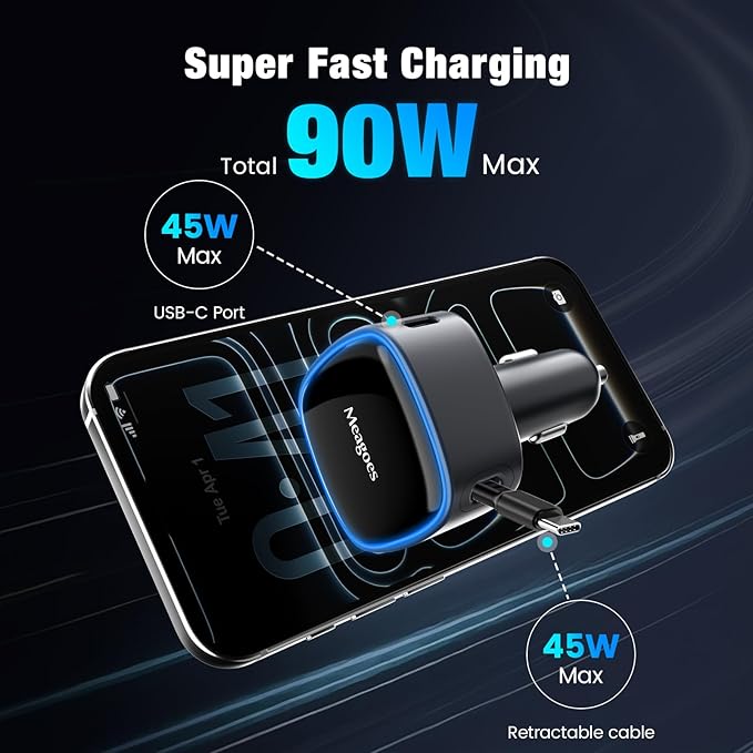 Retractable Car Charger USB C, 90W Super Fast Car Adapter for iPhone 17 Pro Max/Air/16/iPad/Samsung S26, USBC Android Phone Accessories, Dual 45W PPS Cigarette Lighter Adapter Plug with Type C Cable