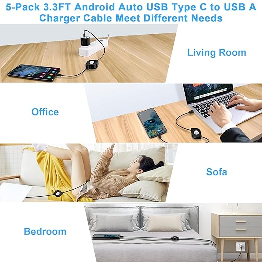 5Pack Retractable Car Charger USB C Cable Android Phone Charger Fast Charging Cord 3.3FT for iPhone 17 Pro Max 16e 15,Samsung Galaxy S26 Ultra/A17/A36/A37/A57/A56/S25FE/A16/A54/S24/Z Fold7,Pixel 10a 9