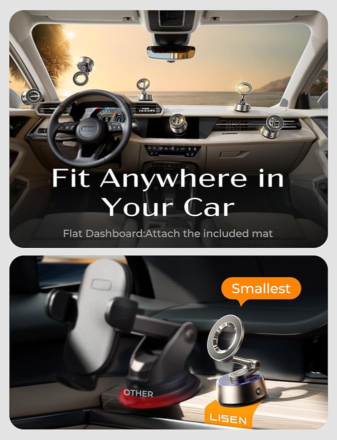 LISEN Suction Phone Mount【2026 Auto Vacuum 3.0】, 360 Adjustable Magnetic Phone Holder for Car Dashboard Universal Magsafe Accessories Gifts for Men Women for iPhone 17 Pro Max Air 16 15 14 13 12