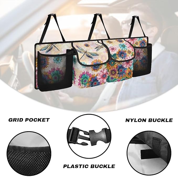 Dragonfly Car Trunk Organizer for Women Lady Boho Floral Blossoms Waterproof Hanging Car Storage Organizer Trunk Storage Bag